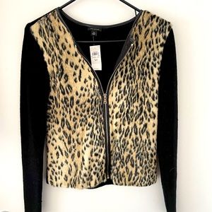 Leopard print fur zipper sweater with tags